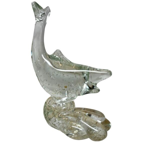 MURANO ART GLASS CLEAR SILVER FLECK 6 1/4 FISH ON WAVE SCULPTURE HAND MADE ITALY - Picture 6 of 8